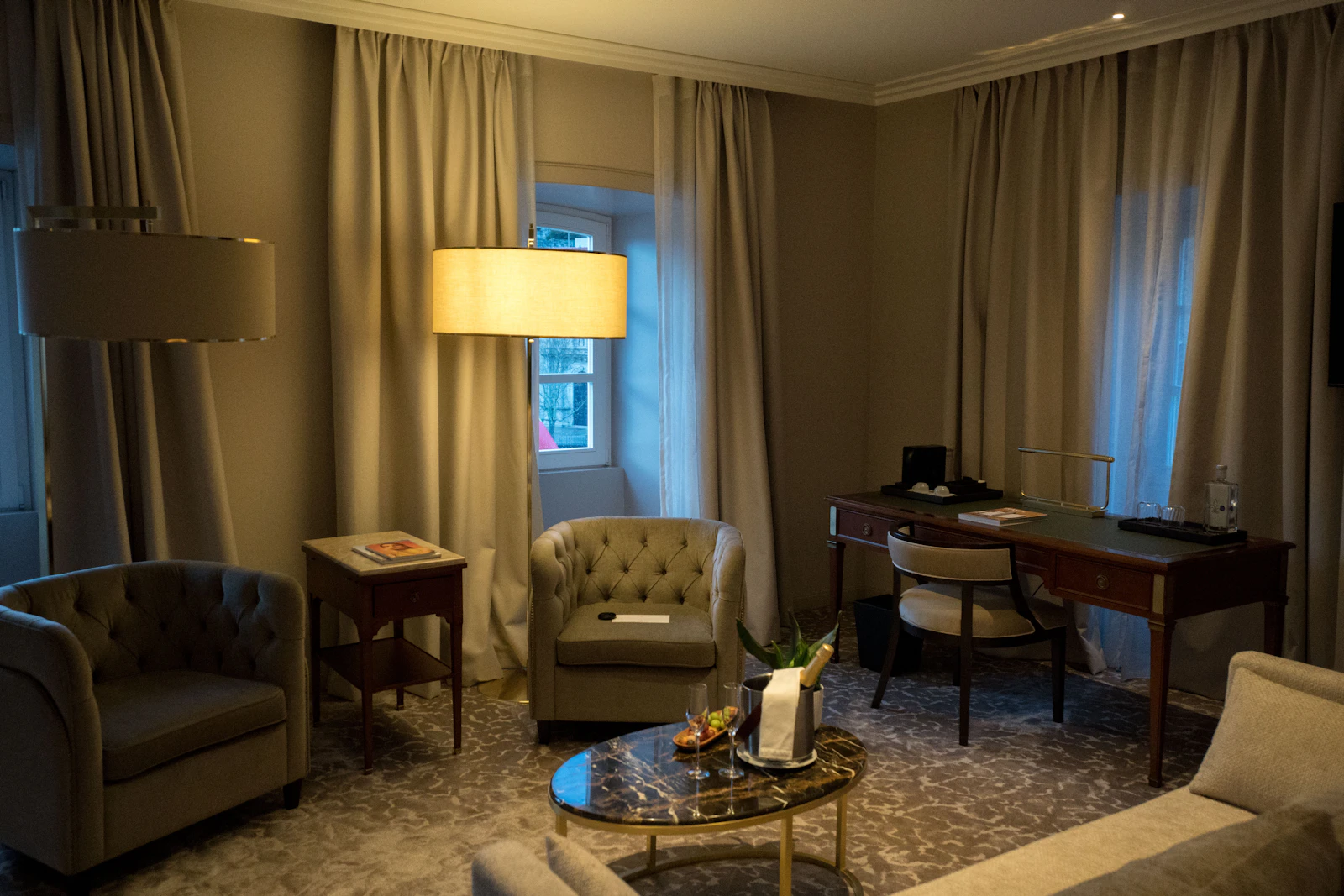 Refined hotel room seating area