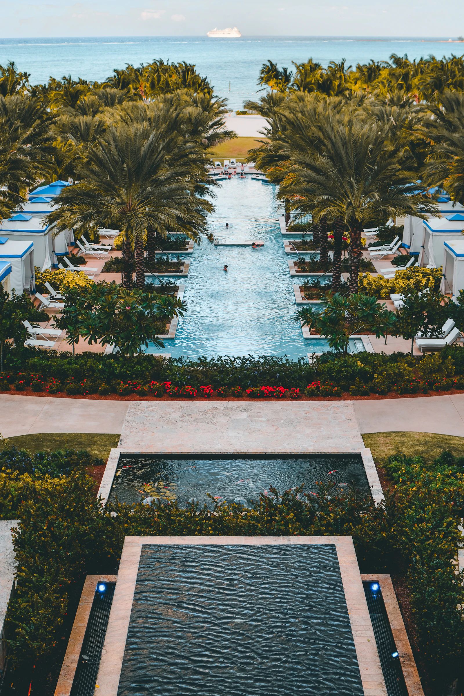 Resort pool framed by palm trees